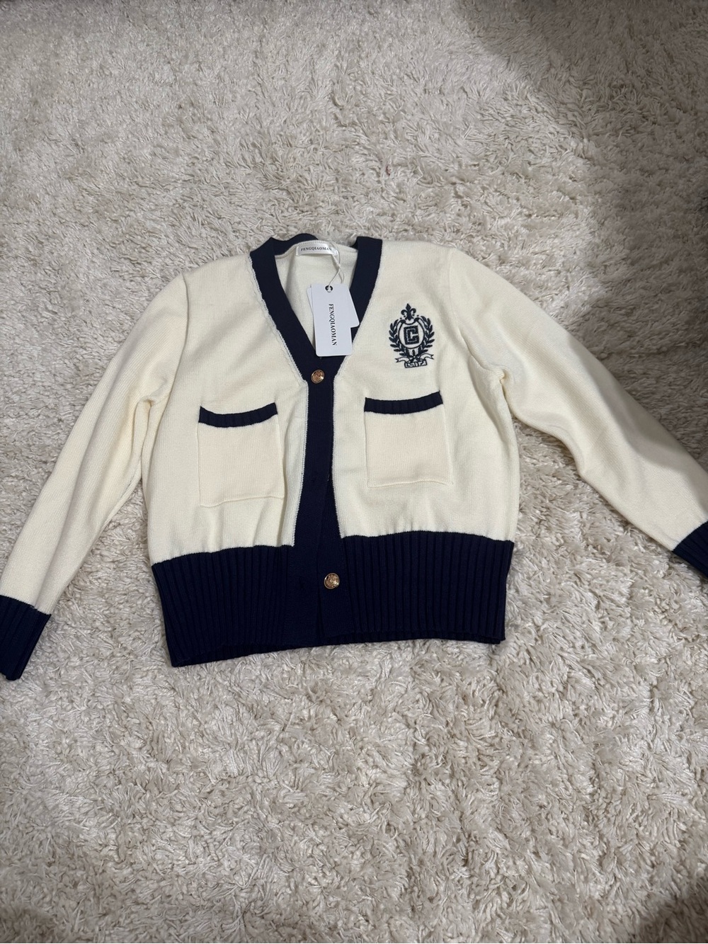 Cropped Cream & Navy Knit Cardigan with Crest